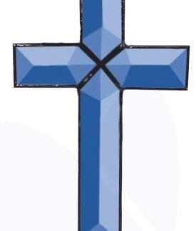 Blue faceted Christian cross outlined in black on a white background.