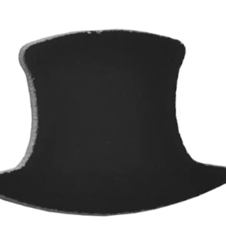 Black top hat silhouette with a tall crown and curved brim against a white background.