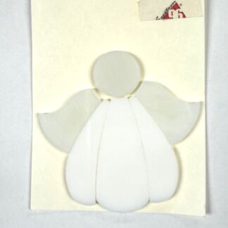 Paper angel craft: white circular head, wings, and layered body on a cream card.
