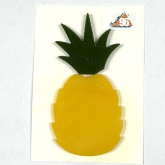 Yellow pineapple craft with a green leafy crown mounted on a white card.